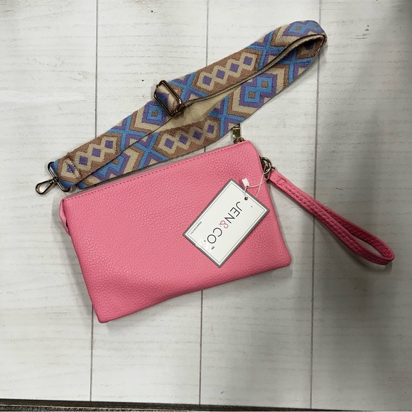 NWT Jen & Co Crossbody Purse‎ with Guitar Strap Pink w/Blue Purple Brown Strap - Picture 1 of 6
